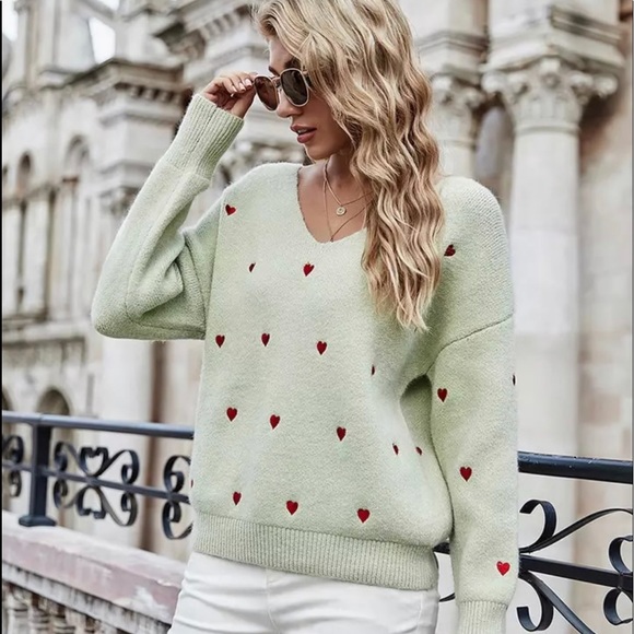 ♥️Fitshinling V Neck Embroider ♥️ Pullover Sweater: White//Sage//Black M NWT - Picture 12 of 12